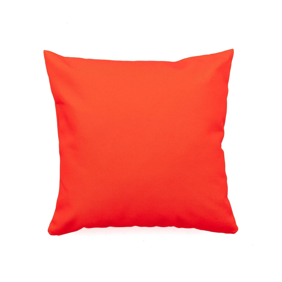 Square bright orange cushion with smooth fabric and slight creases, displayed on a white background with soft natural lighting.