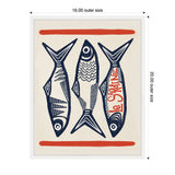 Three stylized navy blue sardines with geometric patterns and one labeled 'Le Sardine' in red, framed by two horizontal red lines on a cream background.