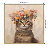 Painting of a brown tabby cat with green eyes wearing a crown of vibrant orange, pink, and yellow flowers against a soft beige background in a textured gold frame.