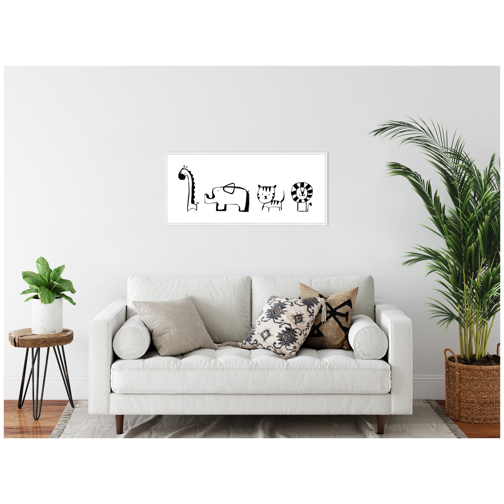 Sylvie Minimalist Giraffe Elephant Tiger and Lion Sketch Framed Canvas by Teju Reval