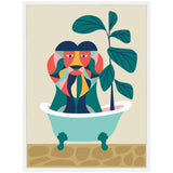 Abstract geometric lion with multicolored shapes sitting in a teal clawfoot bathtub next to a tall green leafy plant, on a brown tiled floor background.