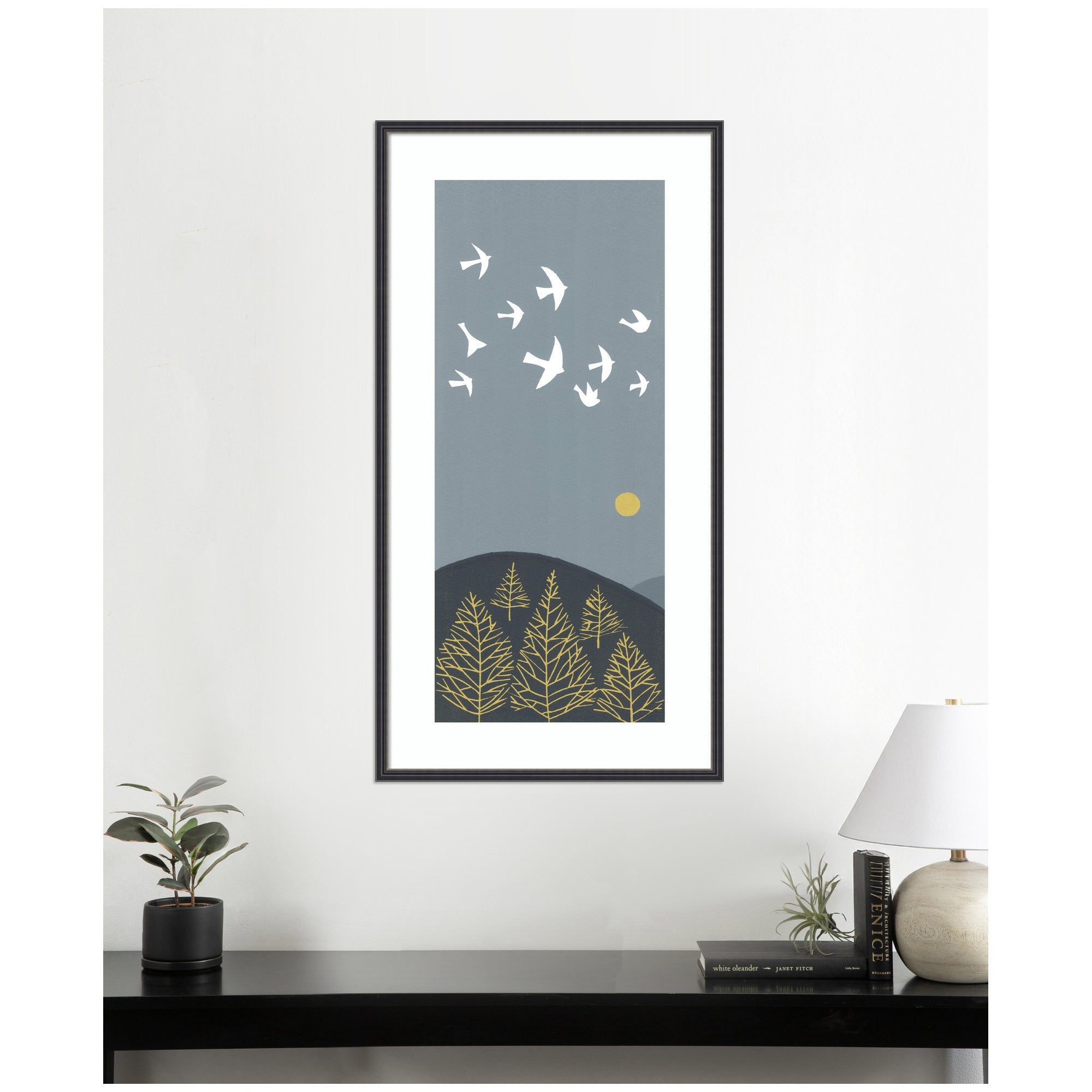 Framed Art Hilltop Flight Linocut Bird by Giuliana Lazzerini