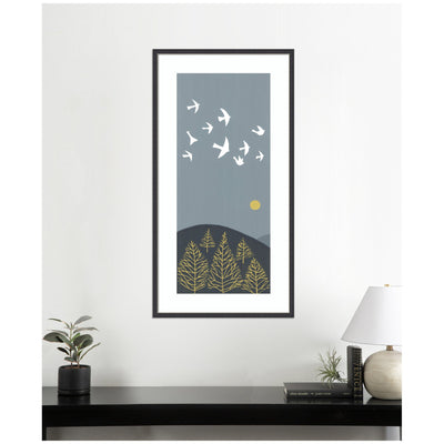 Framed Art Hilltop Flight Linocut Bird by Giuliana Lazzerini