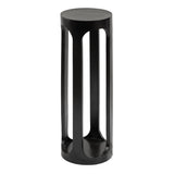 Tall, slender black wooden drink table with a cylindrical top and elongated, open vertical cutouts along the sides, shown on a white background.