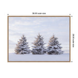 Three snow-covered pine trees standing in a snowy field under a soft, cloudy sky, framed with a textured beige border showing outer dimensions.