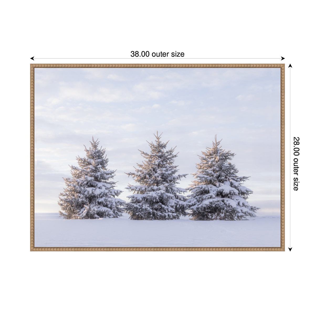 Three snow-covered pine trees standing in a snowy field under a soft, cloudy sky, framed with a textured beige border showing outer dimensions.