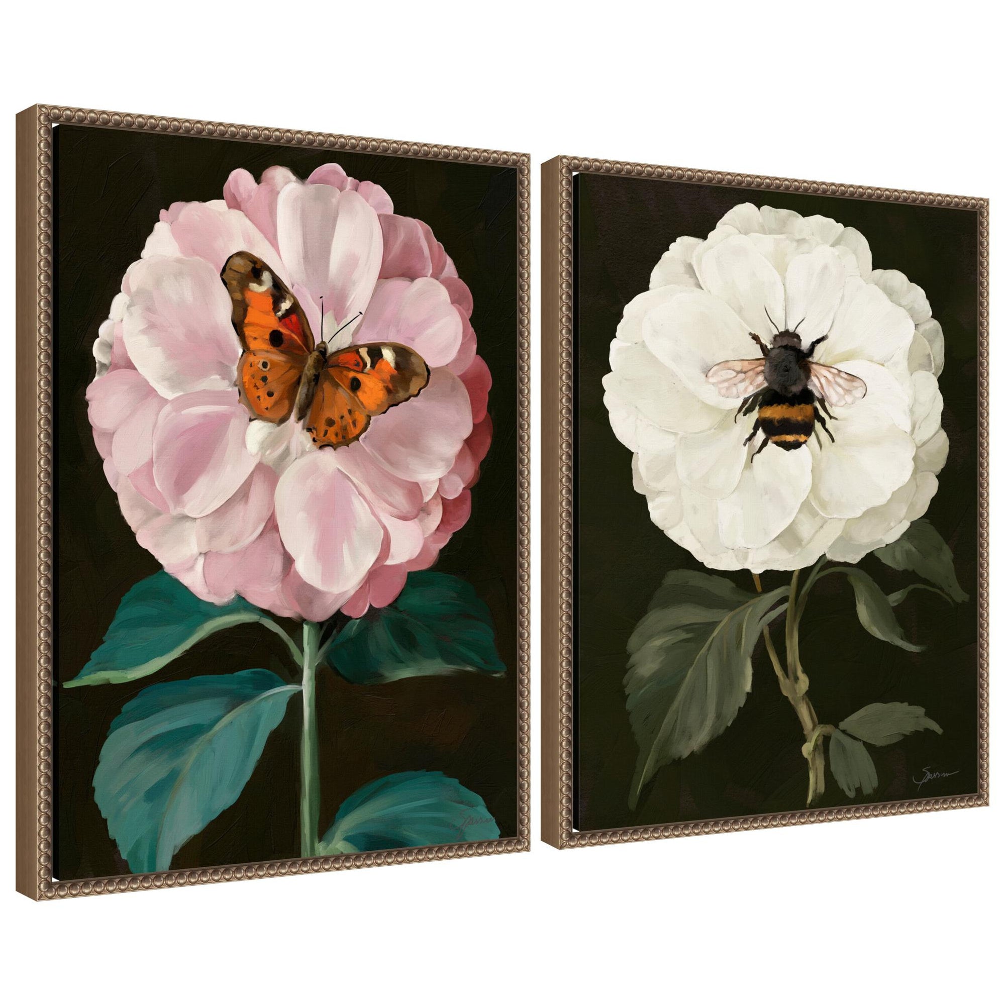 Framed canvas art set showing a Flutter Bug and a Busy Bee with vintage beaded frames