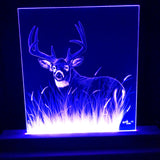 Engraved acrylic panel illuminated with blue LED light depicting a detailed deer with antlers standing in tall grass, signed in the lower corner.