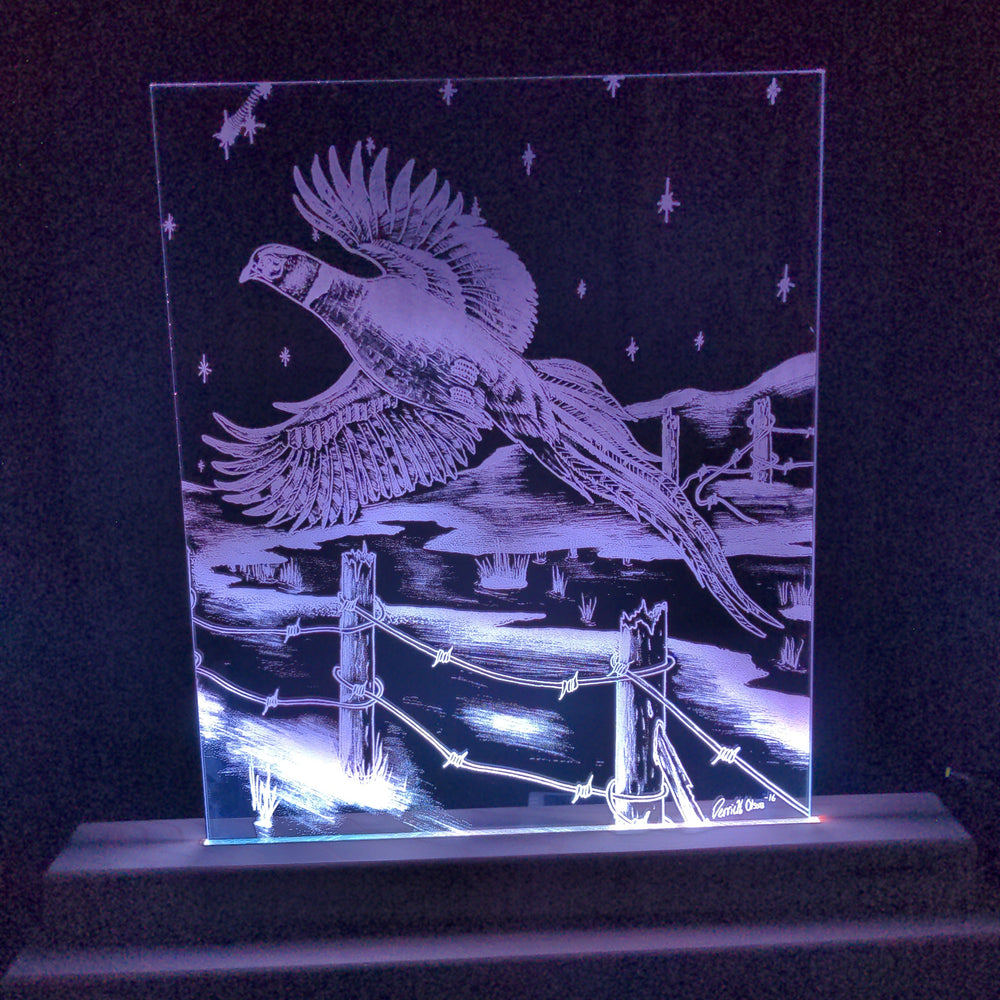Flying Pheasant laser cut acrylic art illuminated on handmade LED light stand