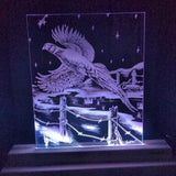 Flying Pheasant laser cut acrylic art illuminated on handmade LED light stand