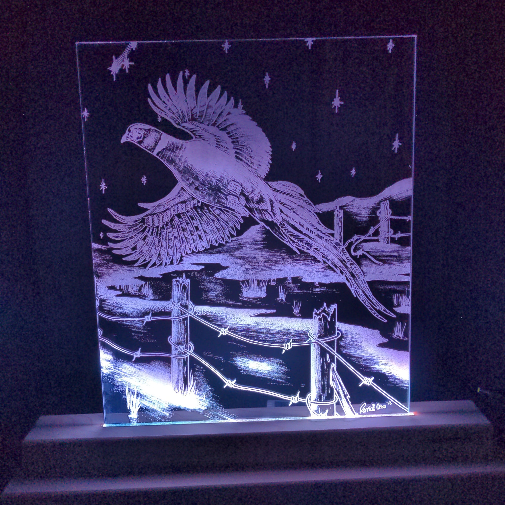 Flying Pheasant laser cut acrylic art illuminated on handmade LED light stand
