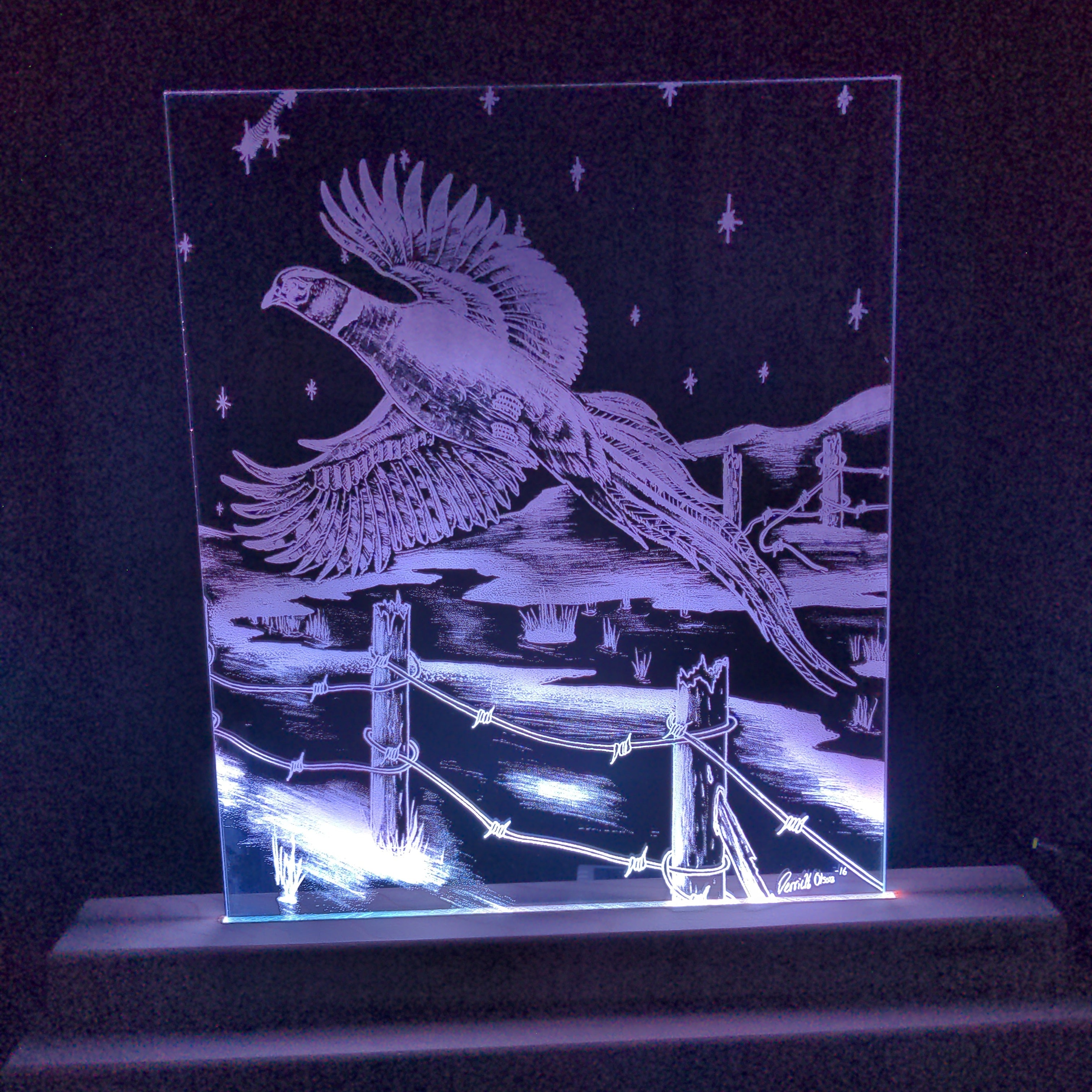 Flying Pheasant laser cut acrylic art illuminated on handmade LED light stand