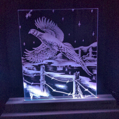 Flying Pheasant laser cut acrylic art illuminated on handmade LED light stand