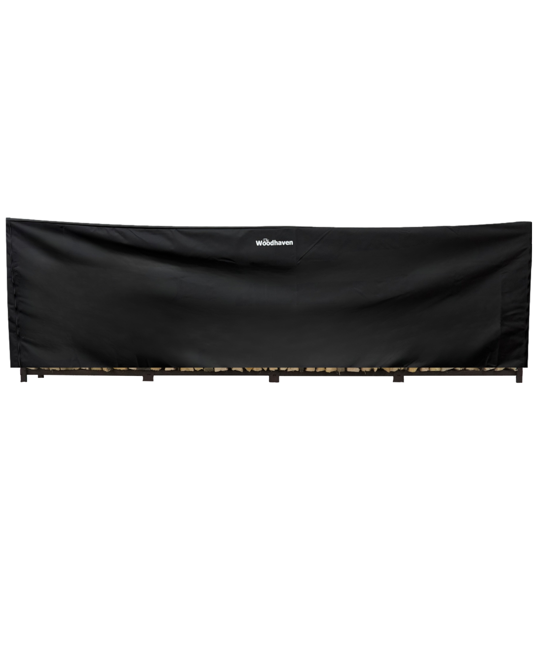 Woodhaven Full Firewood Rack Cover with zipper closure protecting stacked firewood outdoors