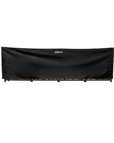 Woodhaven Full Firewood Rack Cover with zipper closure protecting stacked firewood outdoors