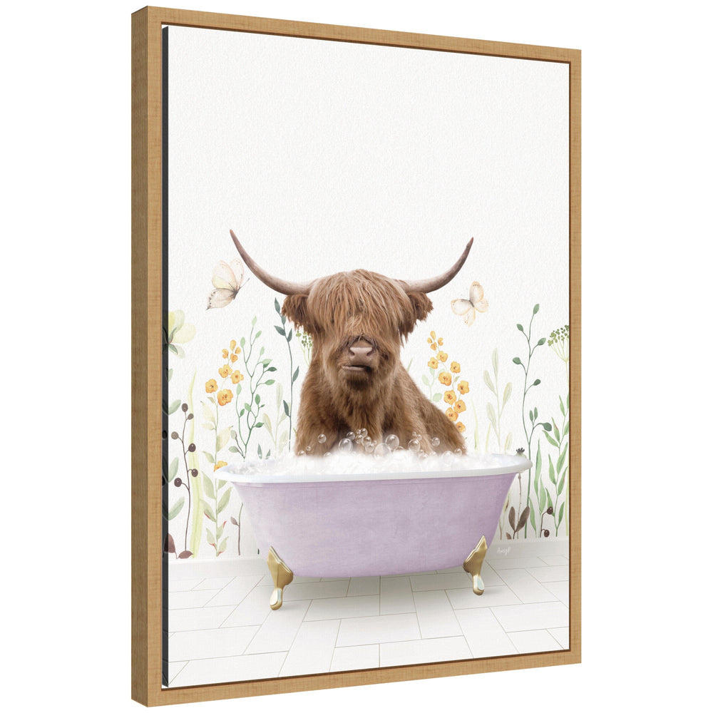 Brown Highland cow with long horns and shaggy hair sitting in a pastel pink clawfoot bathtub surrounded by floral and butterfly wallpaper background.