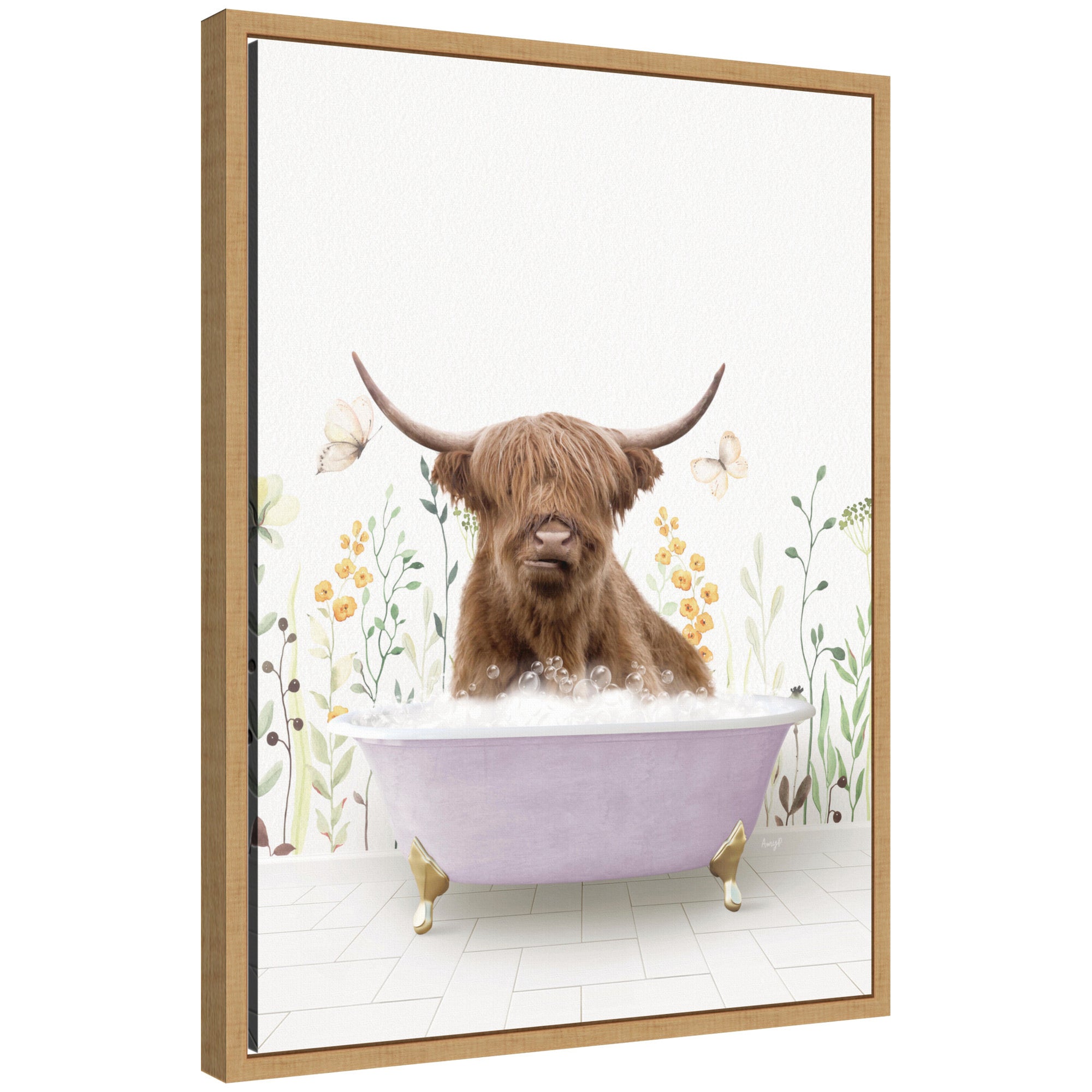 Sylvie Highland Cow in Spring Bathtub Framed Canvas