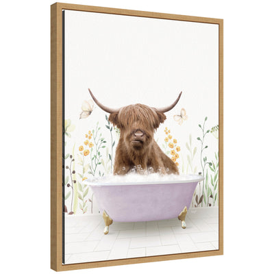 Sylvie Highland Cow in Spring Bathtub Framed Canvas