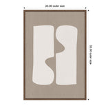 Abstract minimalistic wall art with two irregular white shapes on a taupe background framed in dark wood, measuring 23 by 33 inches externally.