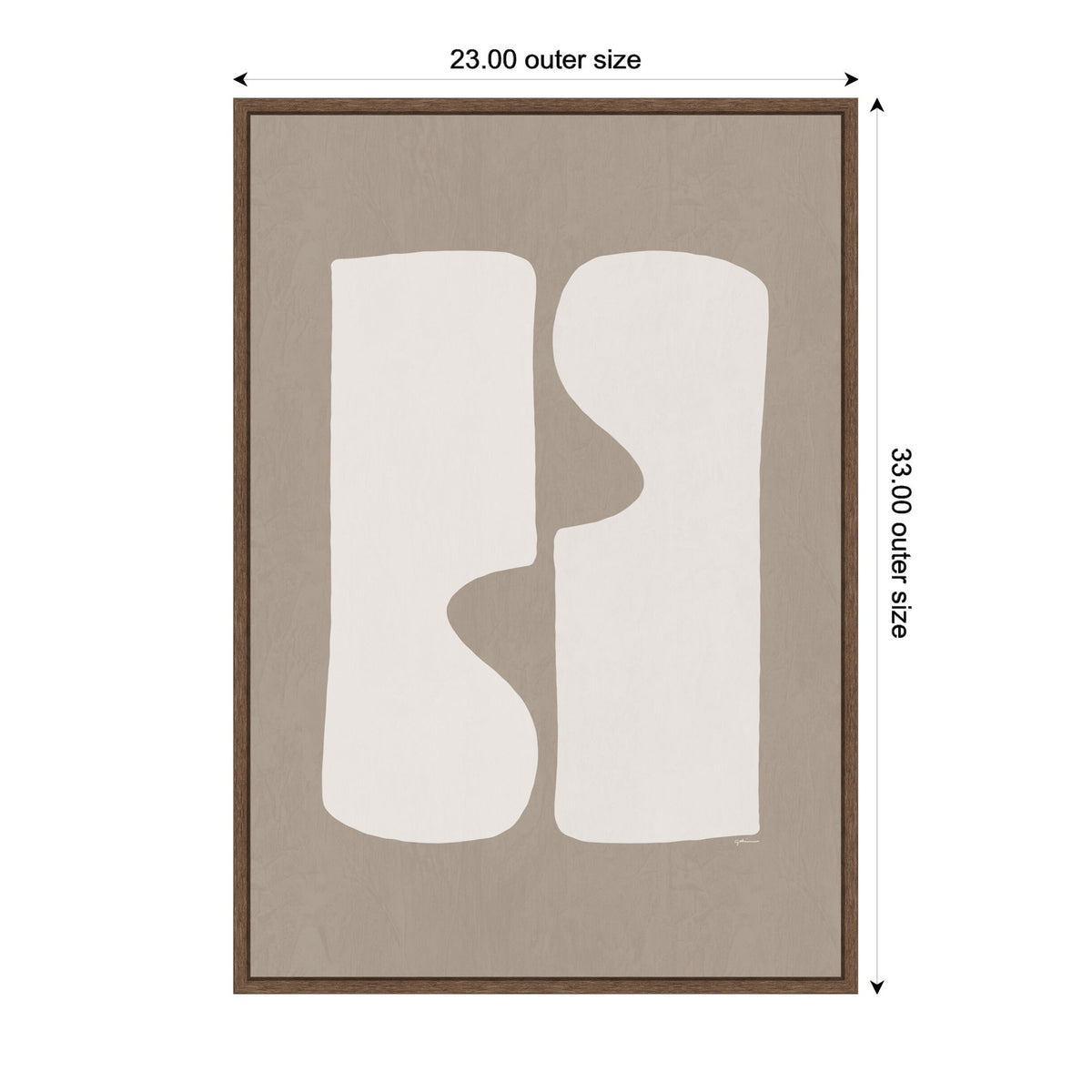 Abstract minimalistic wall art with two irregular white shapes on a taupe background framed in dark wood, measuring 23 by 33 inches externally.