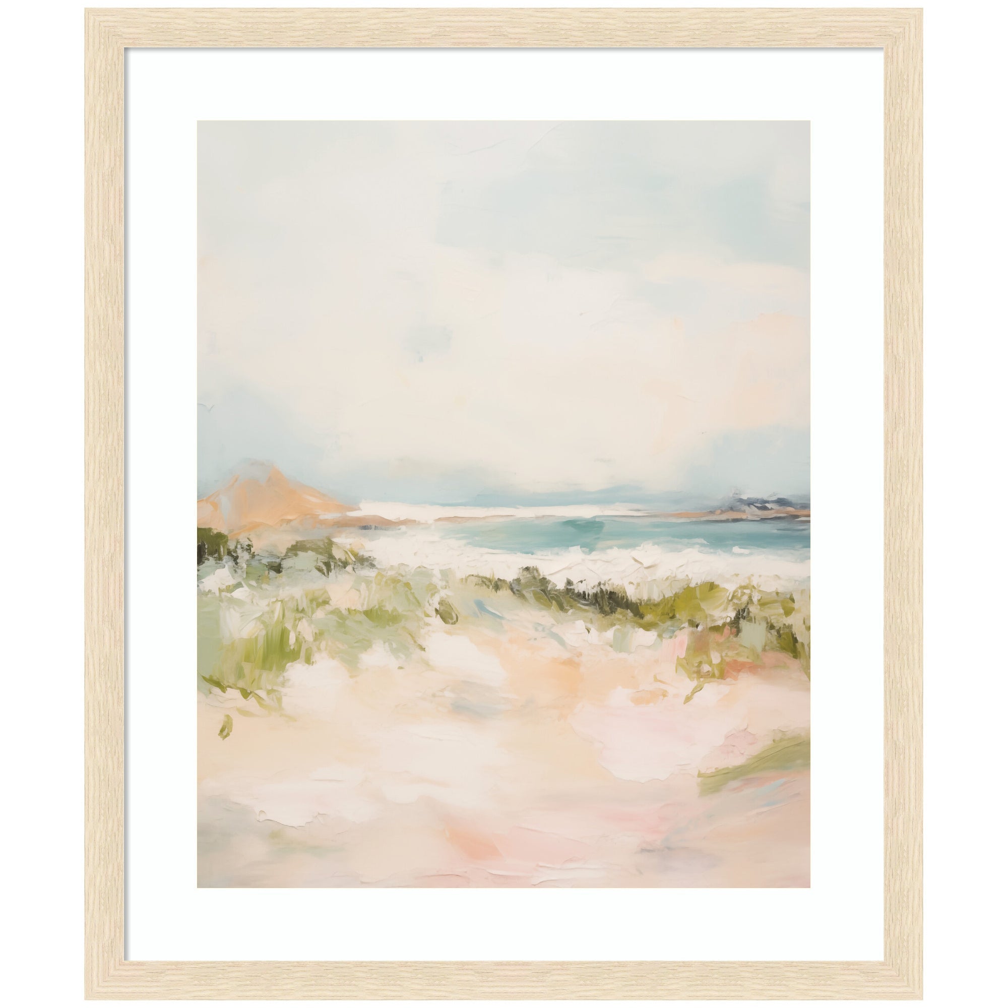 Tranquil Landscape III expansion framed wall art print by Amy Lighthall featuring a natural landscape in subdued colors with woodgrain stripe blonde frame