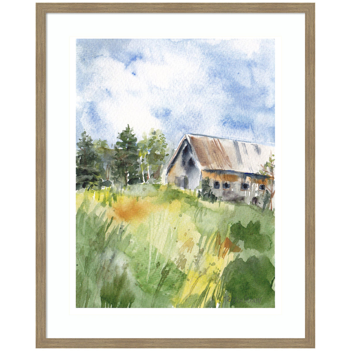 Watercolor painting of a rustic barn with a slanted roof surrounded by green and yellow fields, against a partly cloudy blue sky, framed in light wood.