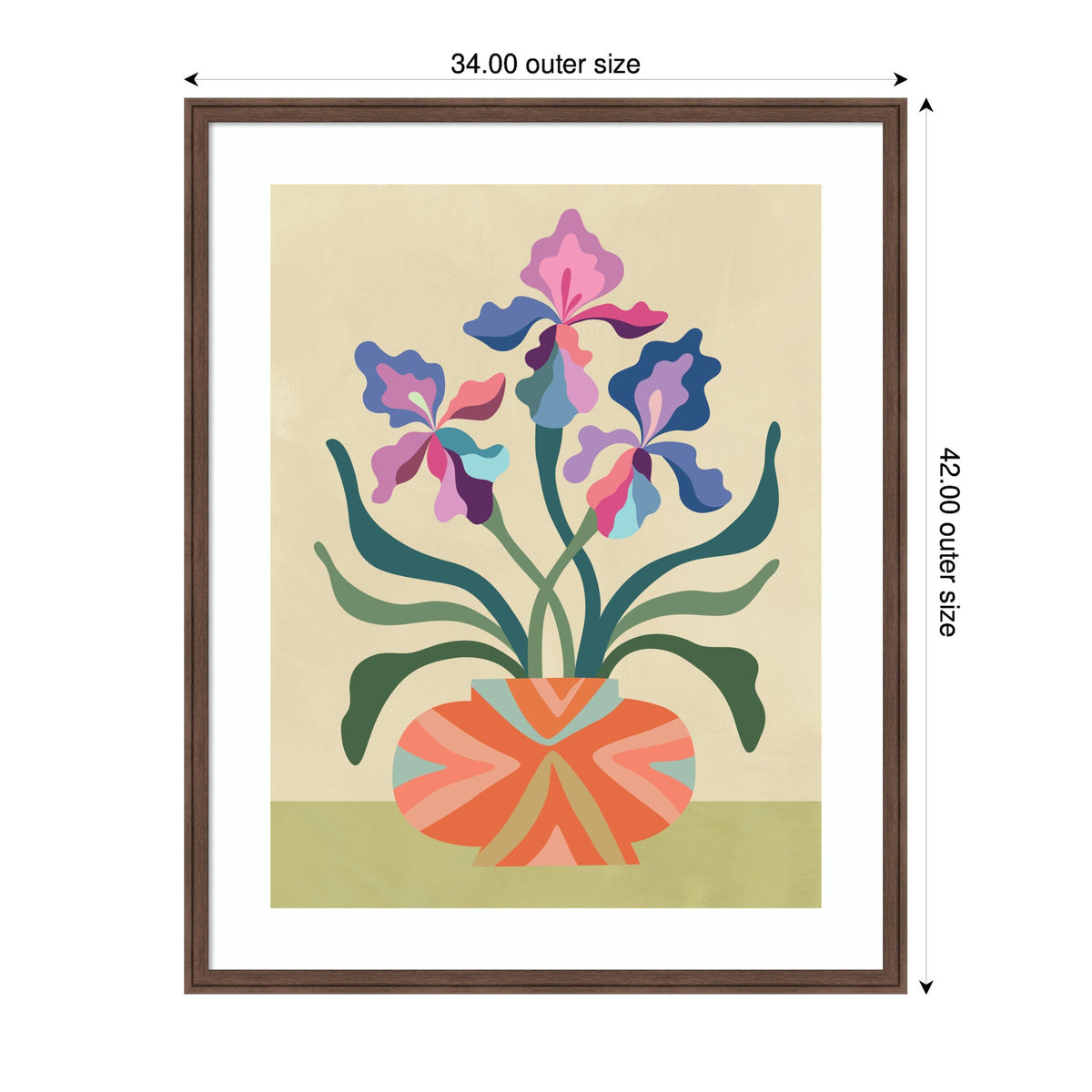 Stylized illustration of three purple and pink iris flowers with green leaves in a round orange vase featuring geometric patterns, set against a neutral beige background.