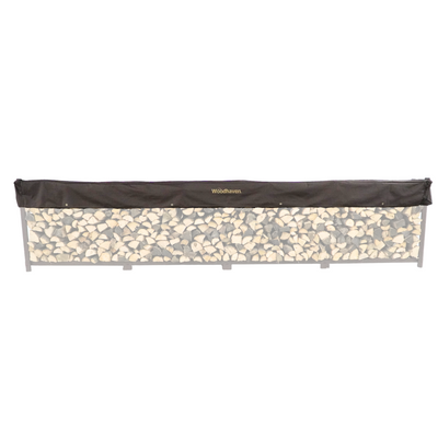 Woodhaven Short Firewood Rack Seasoning Cover in black on a firewood rack