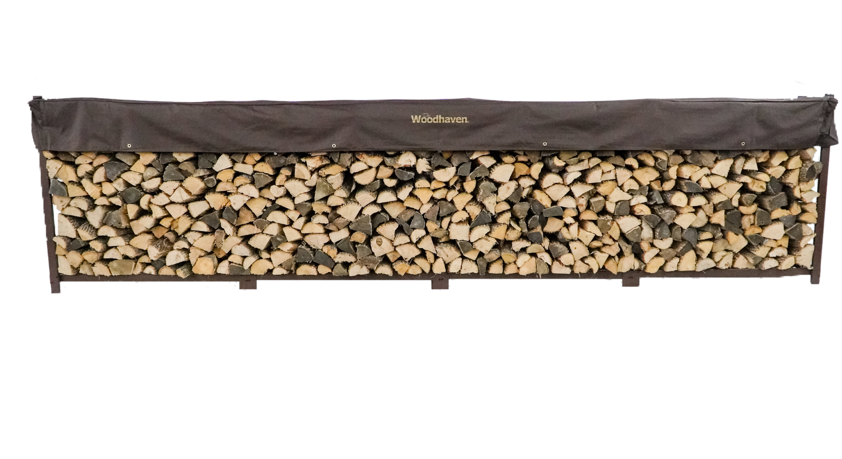 Woodhaven 16 ft Firewood Rack holding stacked firewood outdoors