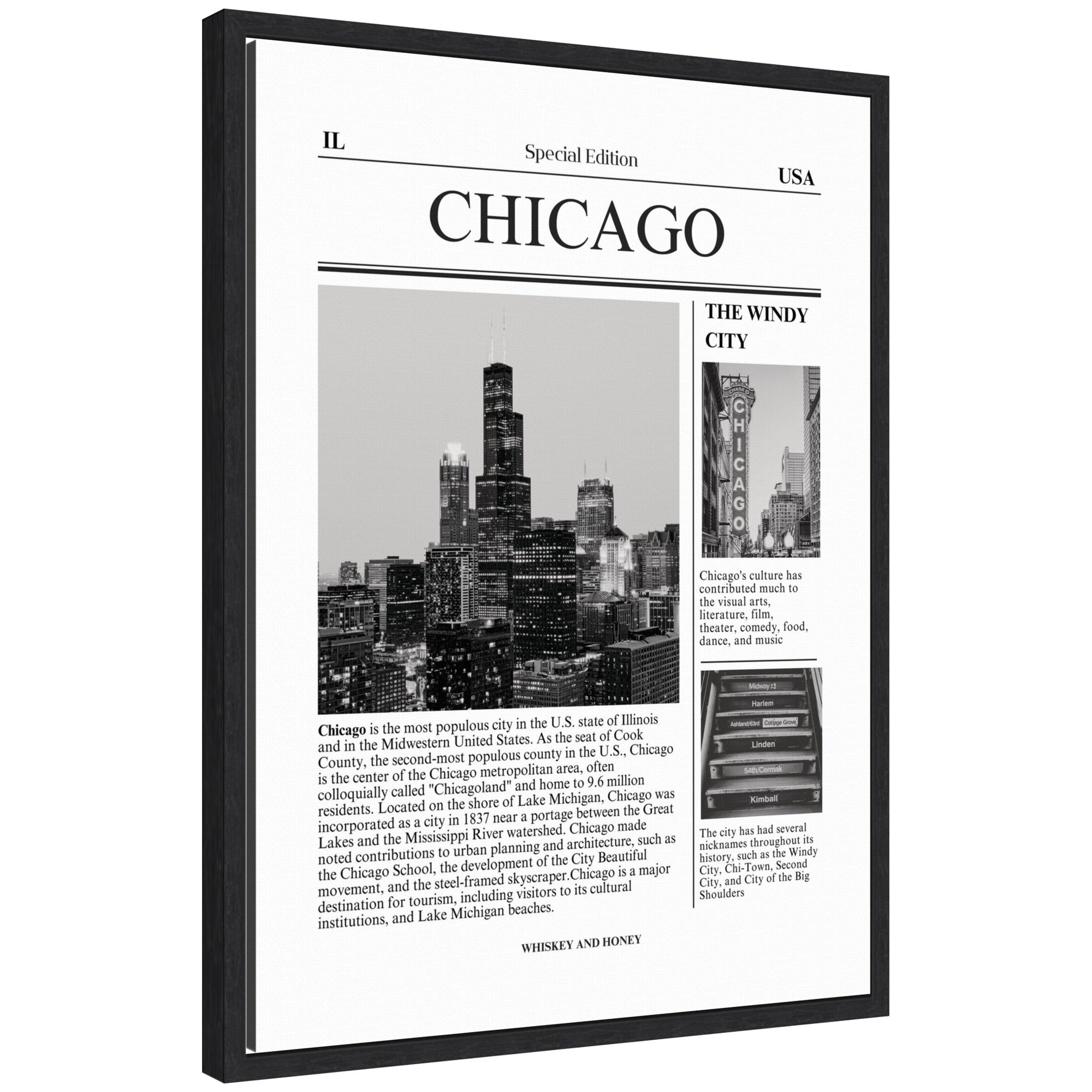 Framed canvas wall art of Chicago cityscape in black by Megan Ryan