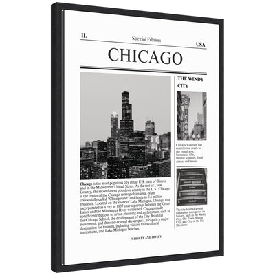 Framed canvas wall art of Chicago cityscape in black by Megan Ryan