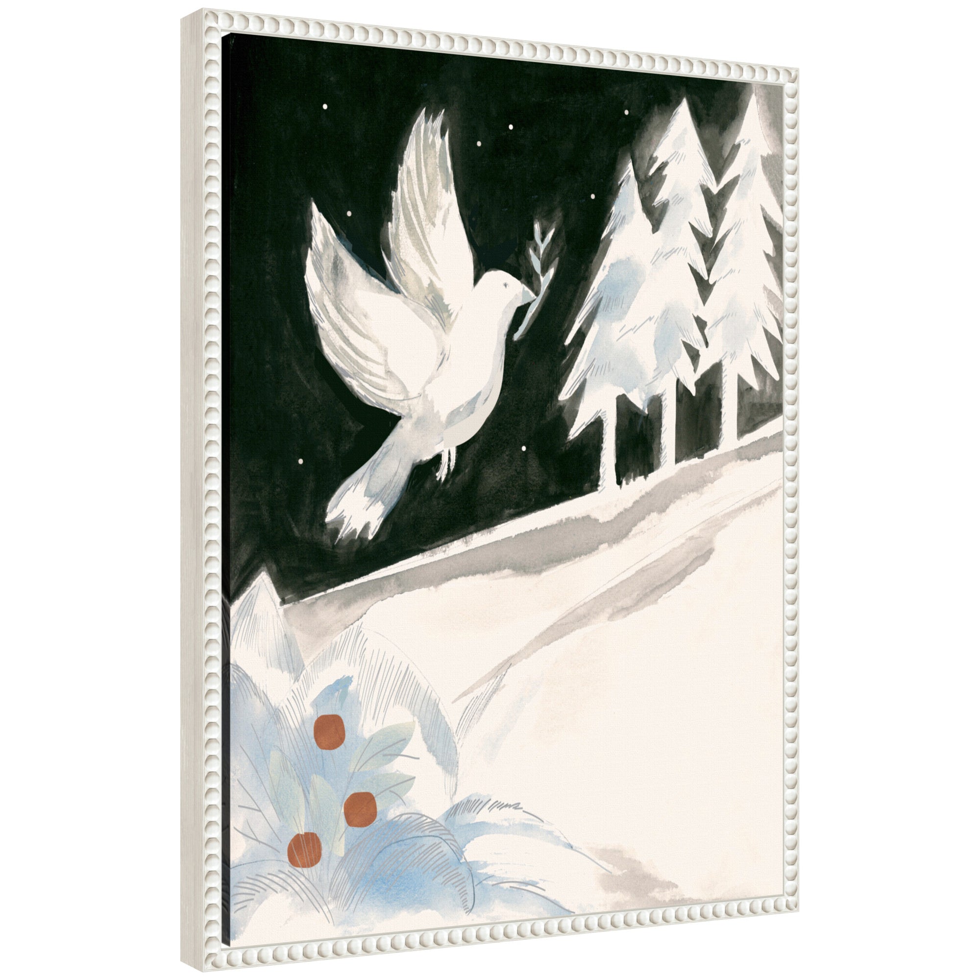 Sylvie Beaded Peace Dove Framed Canvas by Teju Reval showing beaded dove design on canvas framed in polystyrene