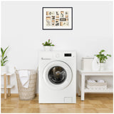 Collage of vintage matchbox labels in black, beige, and brown tones framed above white front-load washing machine in a minimalist laundry room.