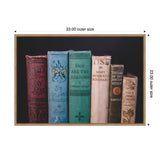 Framed canvas print of six vintage classic books with colorful spines, including red, sky blue, green, cream, dark brown, and beige, arranged upright against a dark background.