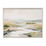 Abstract landscape painting featuring a winding river through soft pastel hills in muted greens, yellows, and pinks under a pale sky, framed in white.