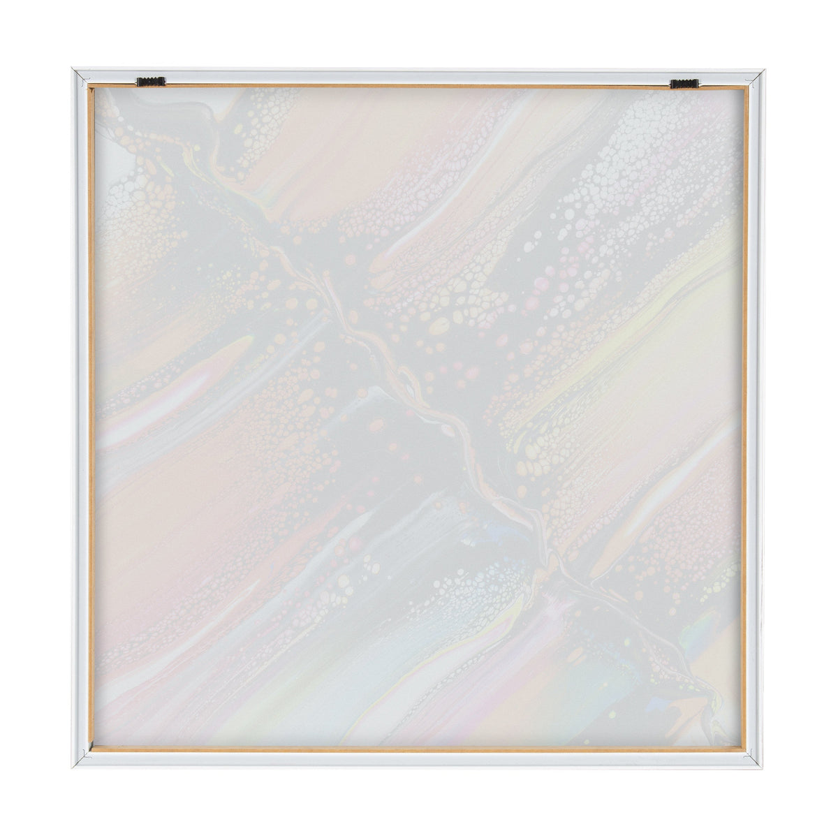 Abstract framed print with soft pastel swirls and bubble-like patterns in pink, white, and yellow tones, presented in a thin white frame.