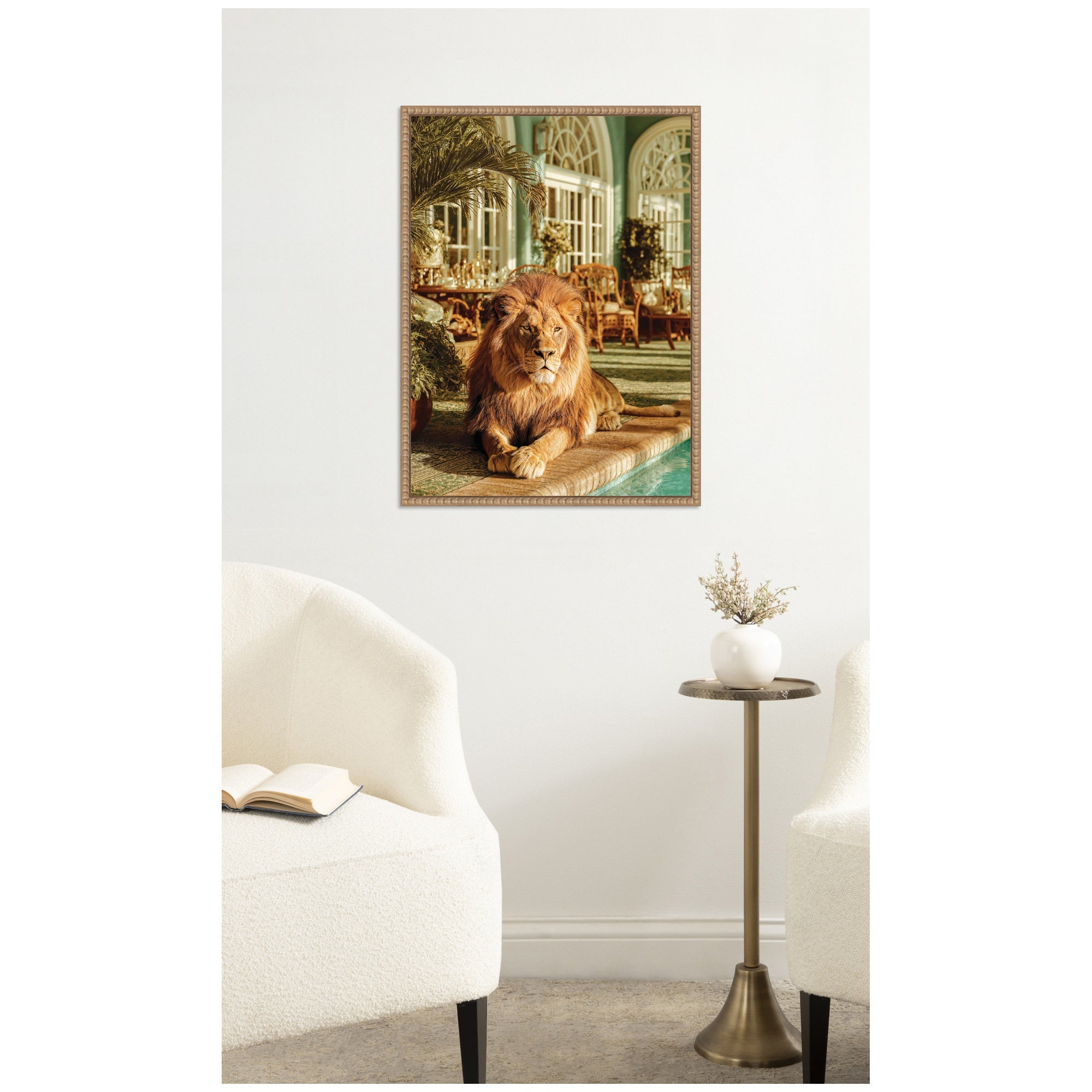 Majestic Lion by the Pool by Michael Schauer Framed Canvas Wall Art Print