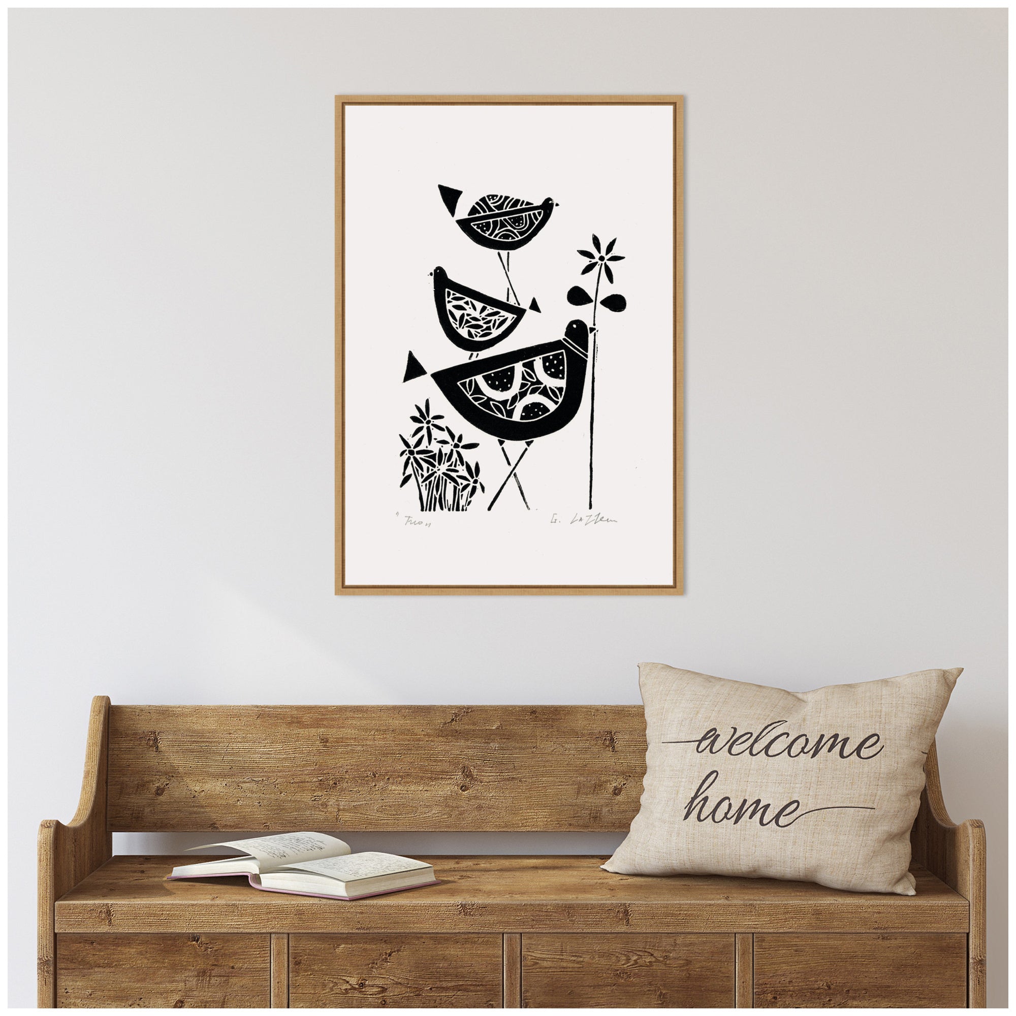 Sylvie Folk Bird Family Trio Linocut Framed Canvas by Giuliana Lazzerini
