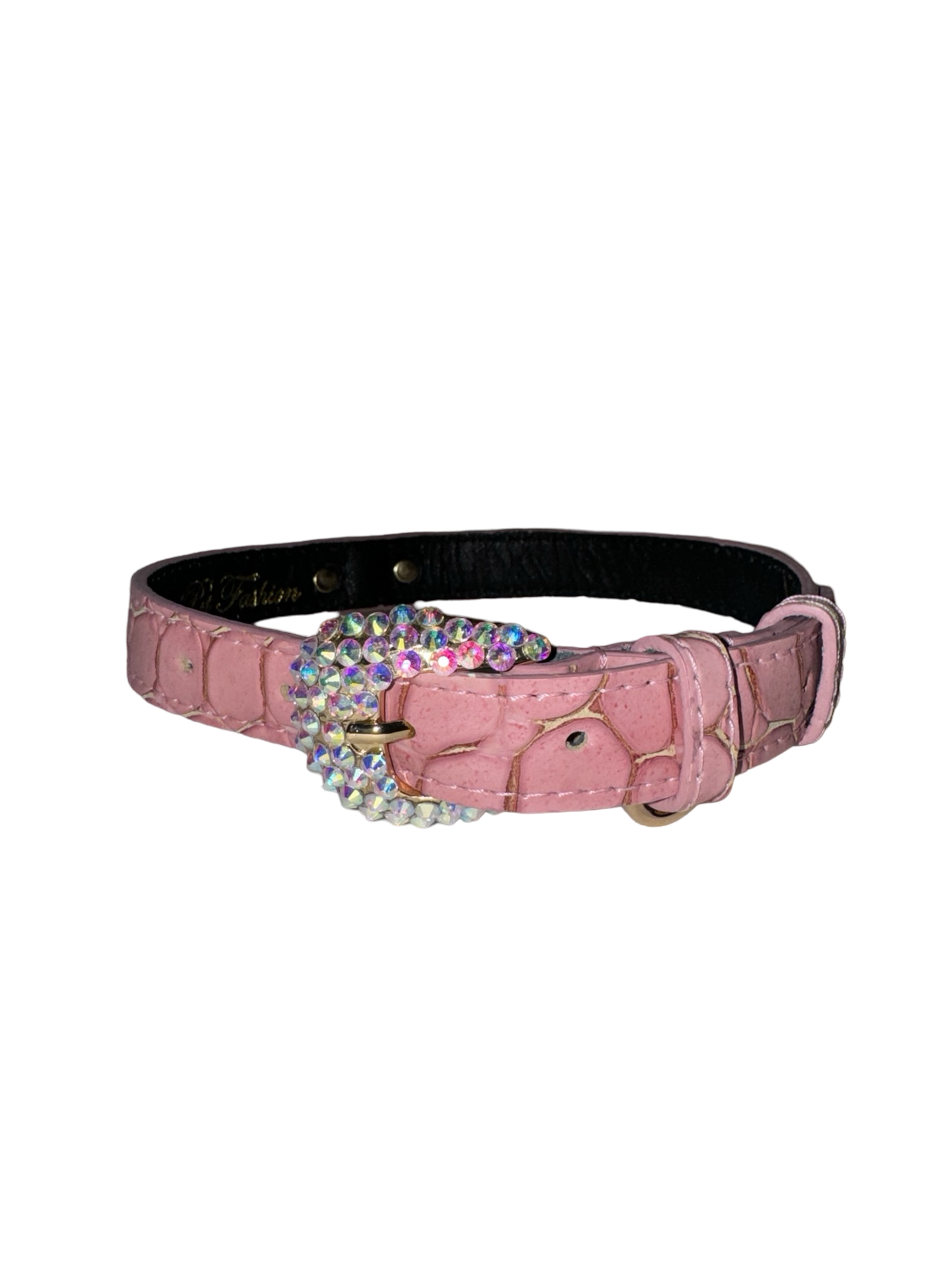Soft Pink Embossed Croc Italian Leather pet collar with crystal hardware on pale background