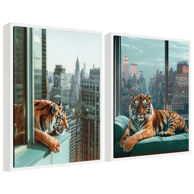 Sylvie Urban Tigers in New York framed canvas art set showing tiger portraits blended with New York city skyline
