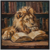 Painting of a lion resting its paw on an open book, surrounded by rows of books on shelves in a dimly lit library setting.