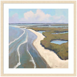 Soft pastel coastal landscape painting showing calm blue-gray water meeting sandy shoreline with dense green marshland under a cloudy sky.