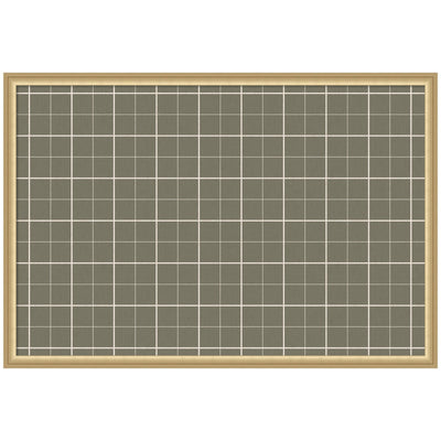 Framed Fabric Pinboard with sage green plaid patterned fabric and wooden frame mounted on a wall with various pinned notes and photos