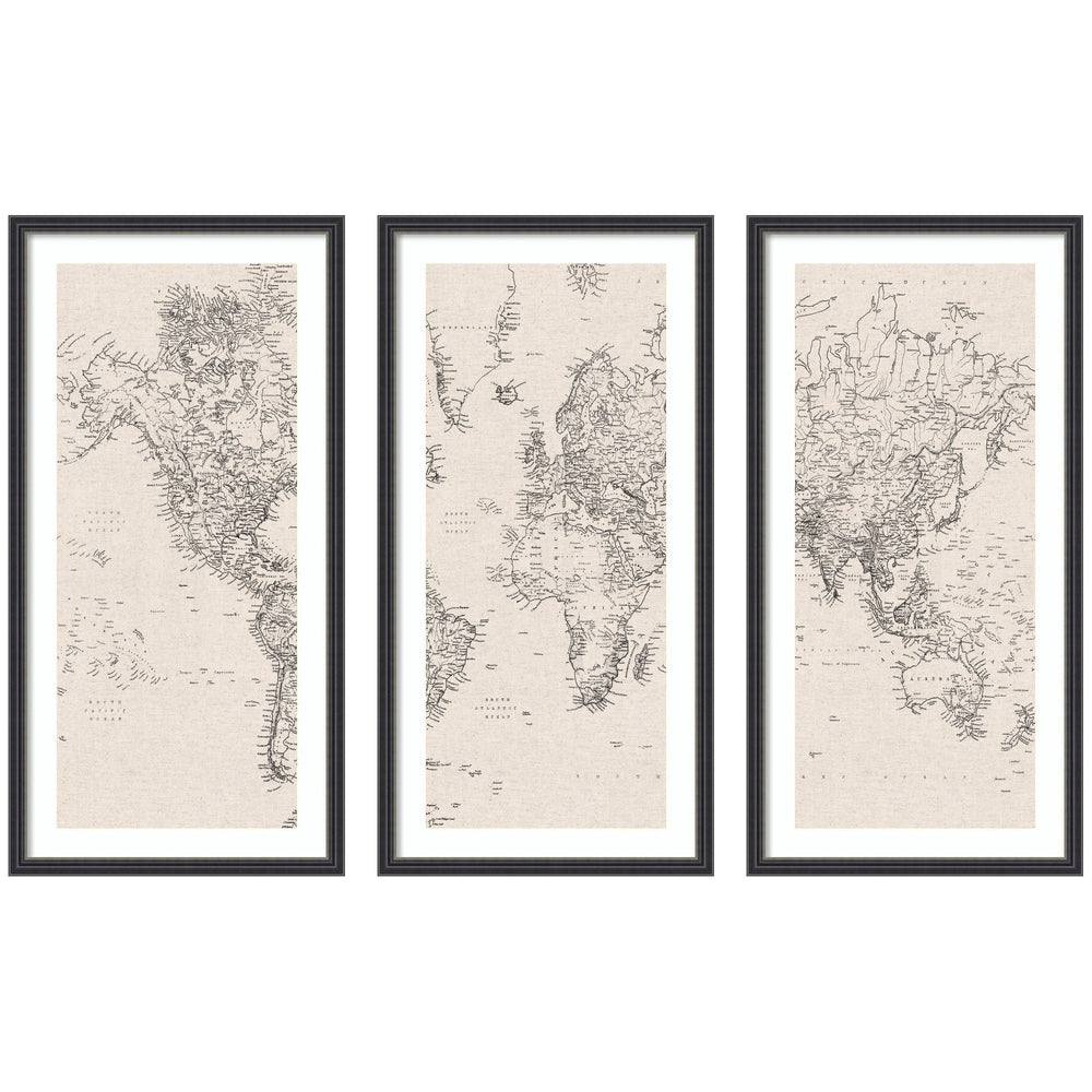 Vintage black and white world map linen 3 piece framed wall art print set displayed in a modern room