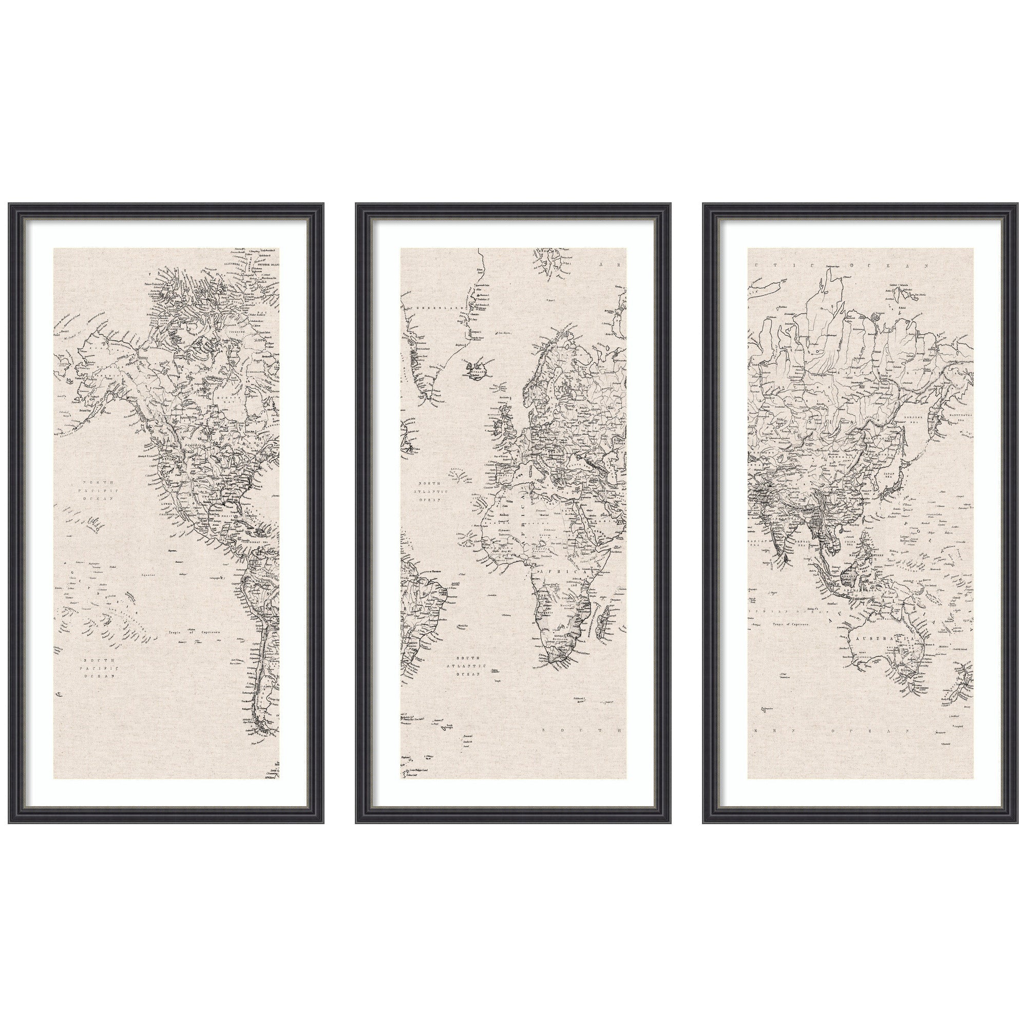 Vintage black and white world map linen 3 piece framed wall art print set displayed in a modern room
