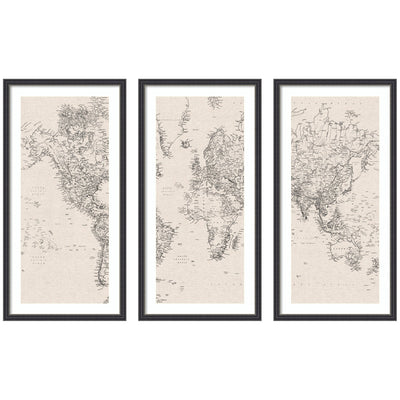 Vintage black and white world map linen 3 piece framed wall art print set displayed in a modern room