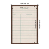Rectangular fabric pinboard resembling a linen library card with light beige background, thin teal grid lines, and a brown wooden frame, showing outer and inner size dimensions.