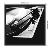 Black and white close-up photo of a vinyl record player with the tonearm positioned over the spinning record, emphasizing texture and light contrast.