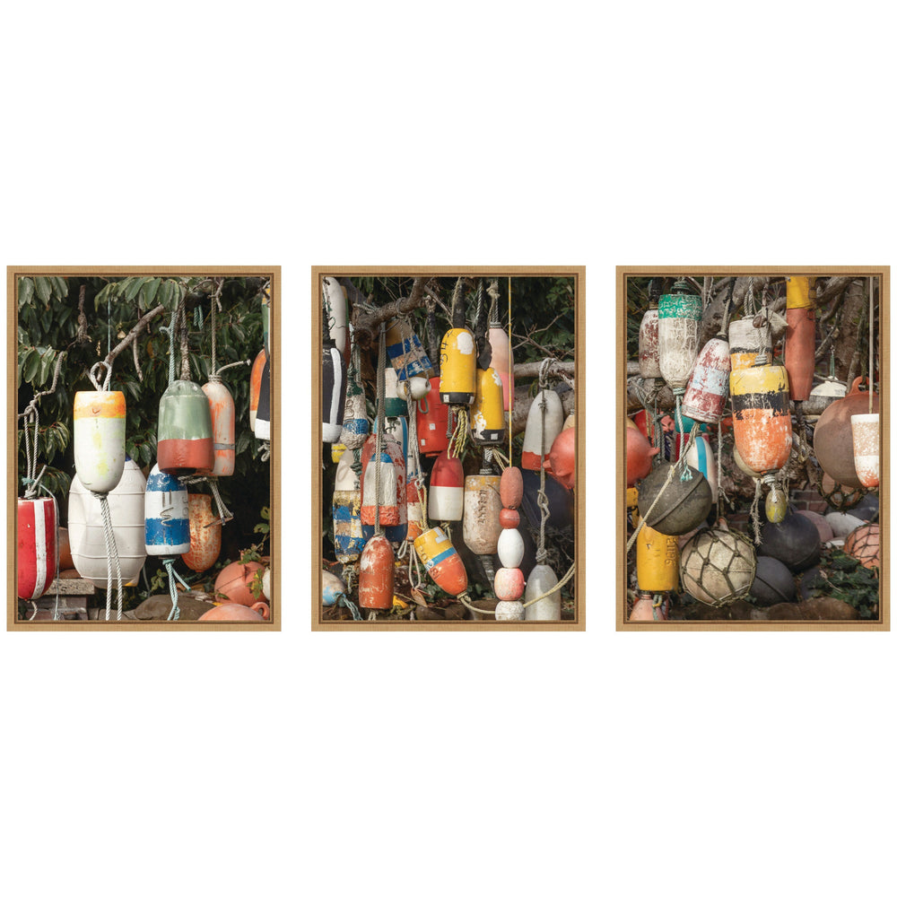 Buoys No.
1 No.
2 and No.
3 three-piece framed canvas wall art set showing natural toned buoy images arranged in a grid