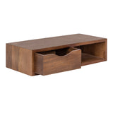 Rectangular floating wooden side table with a medium brown finish, featuring one open shelf and a drawer with a curved front opening, shown at a slight angle.